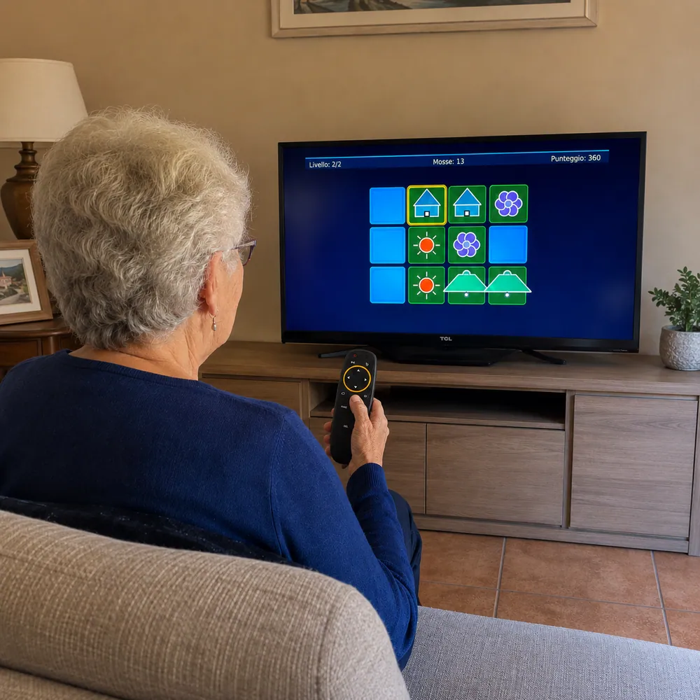 Una signora gioca a un esercizio di memoria di BrainTen sulla TV dal divano