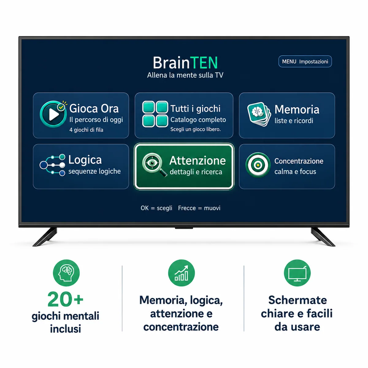 Menu di BrainTen sulla TV con le aree Memoria, Logica, Attenzione e Concentrazione